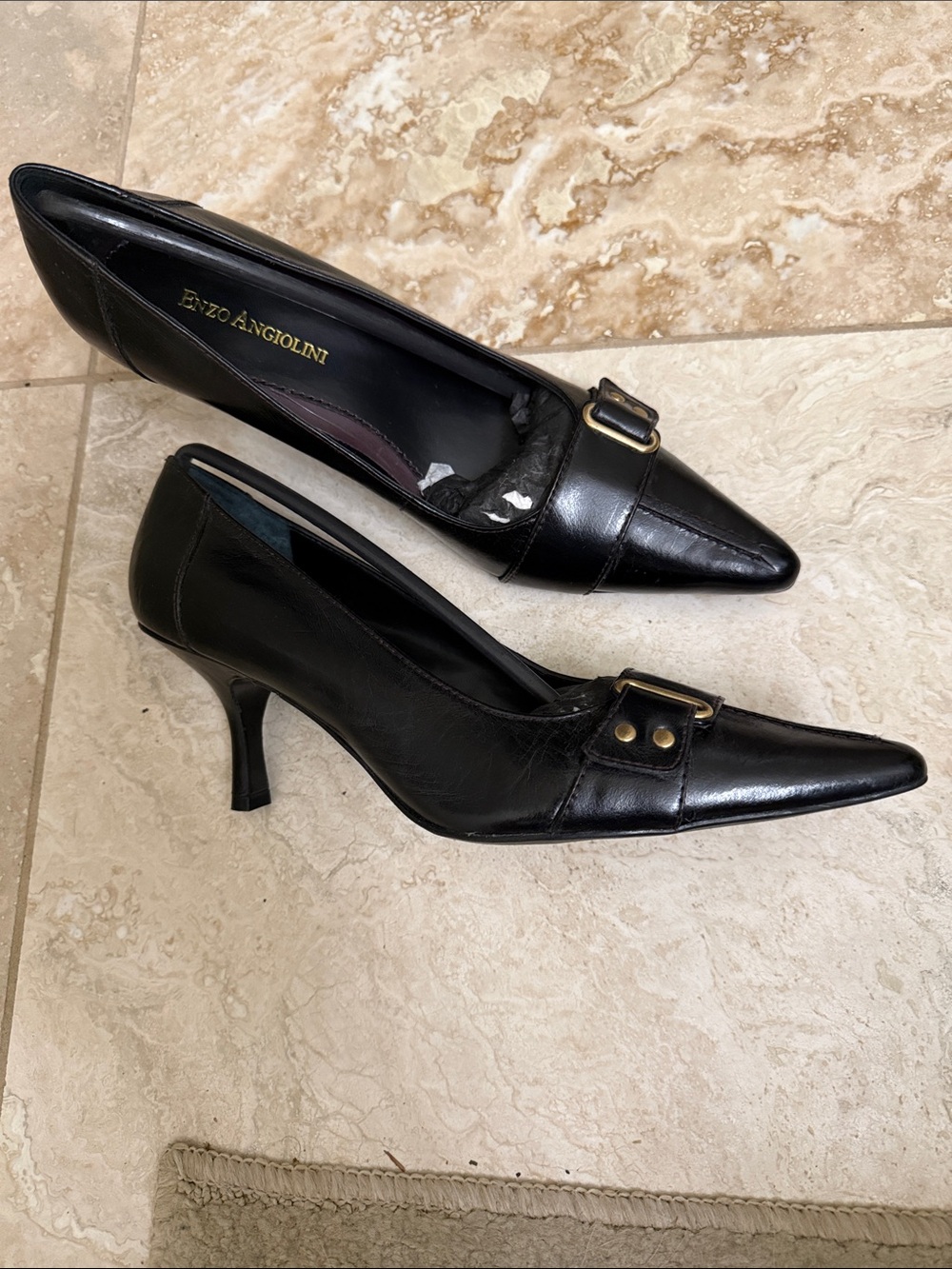 Enzo Angiolini Black Pointed Toe small heel pumps with Gold Buckle Detail